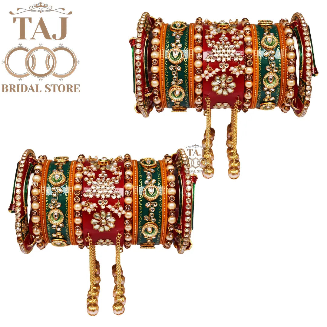 Kundan Rajwadi Bangles Set With Beautiful Moti Latkan Design