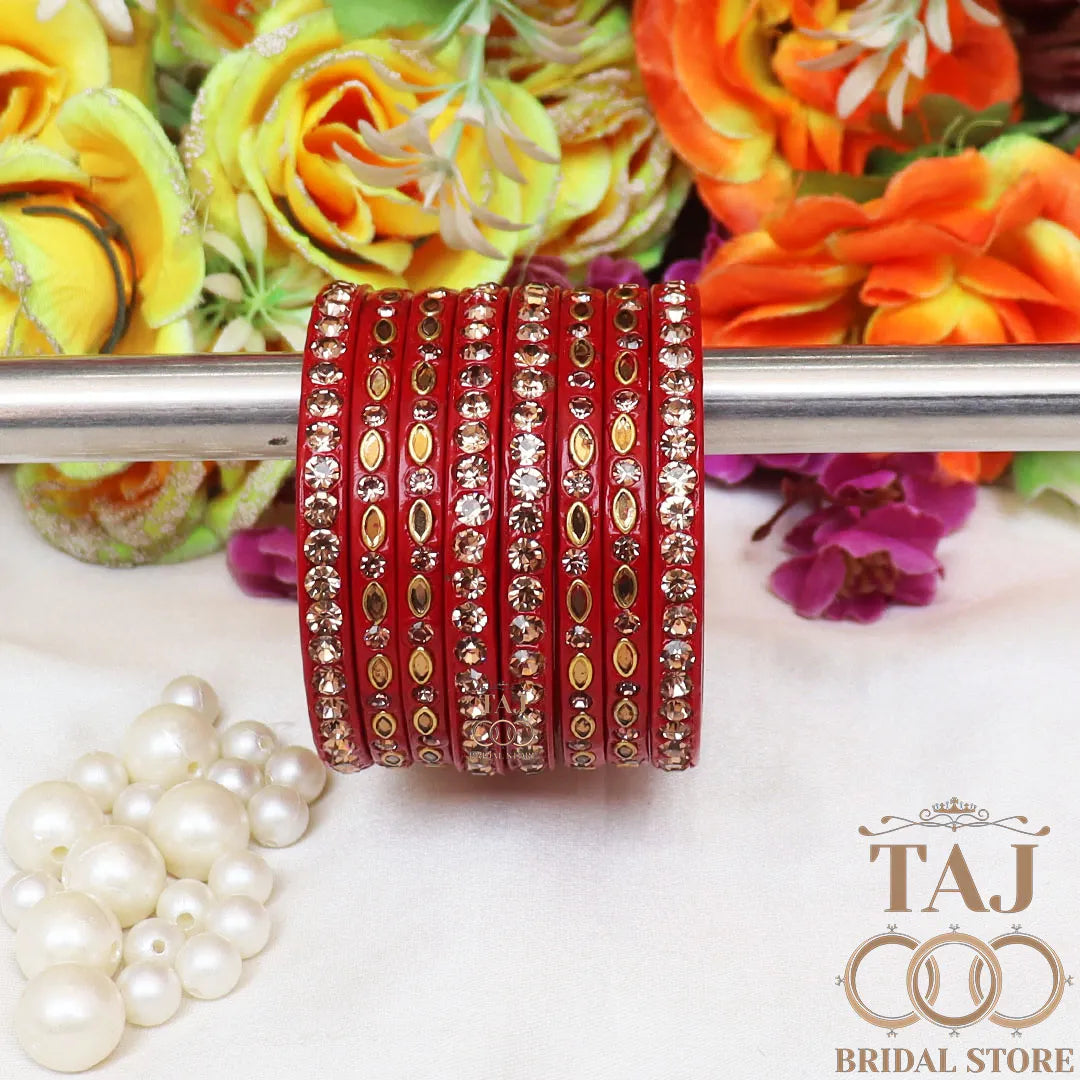 Marwadi Short Lac Chura With Beautiful White Stone And Kundan Design (Set of 8)
