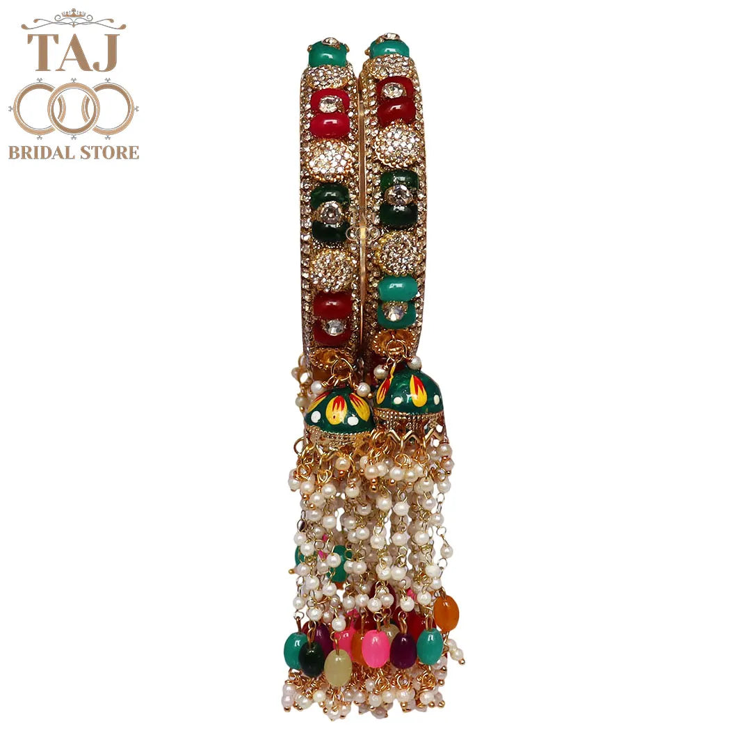 Rajwadi Style Gold Plated Bangles With Traditional Multicolor Hangings