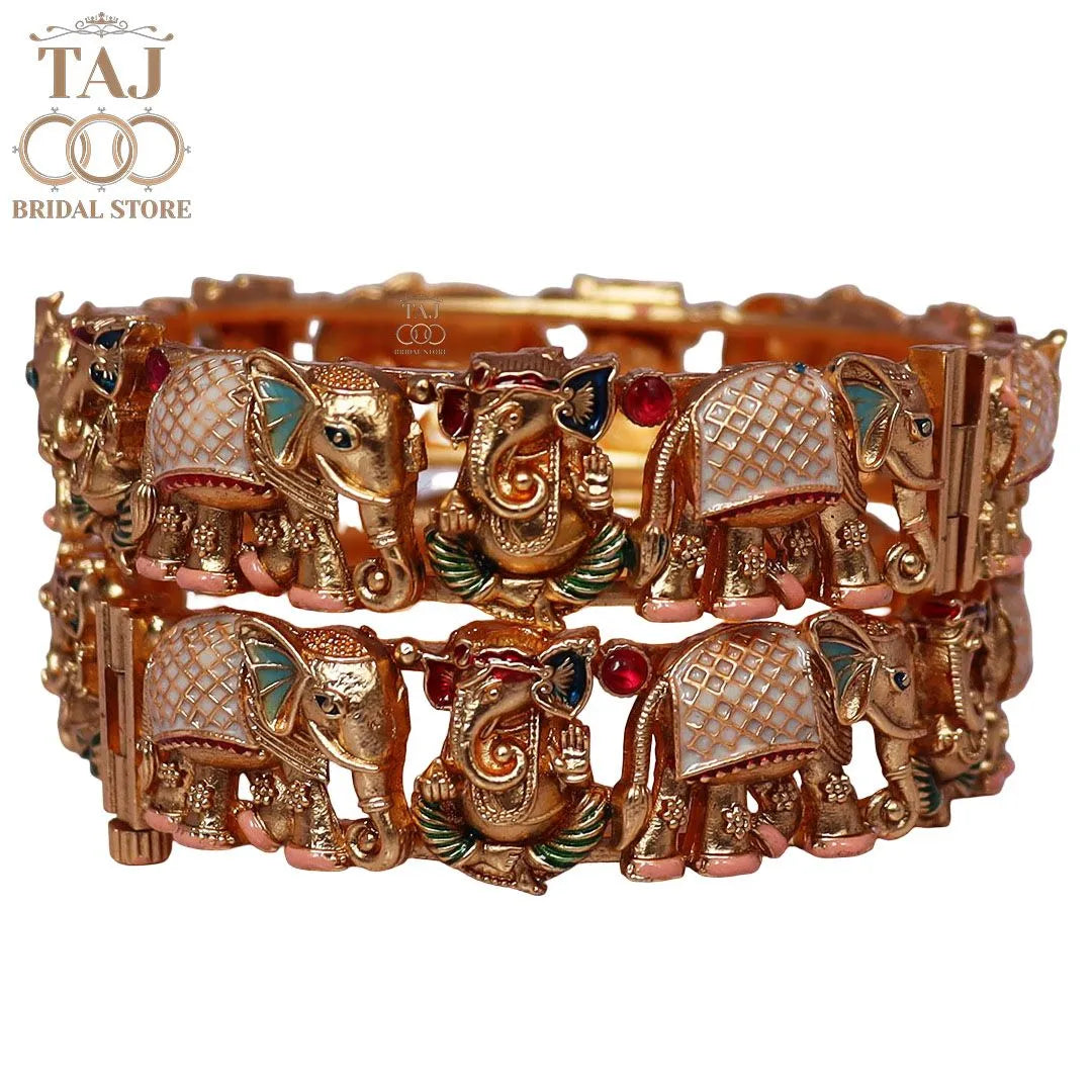 Gold Plated Rajwadi Kada Pair With Divine Ganesh and Elephant Motifs