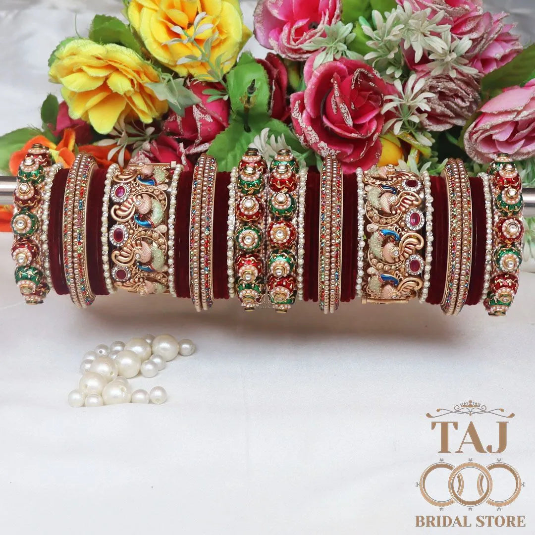 Heavy Design Rajwadi Bridal Bangles Set With Beautiful Peacock Design Kada Taj Bridal Store