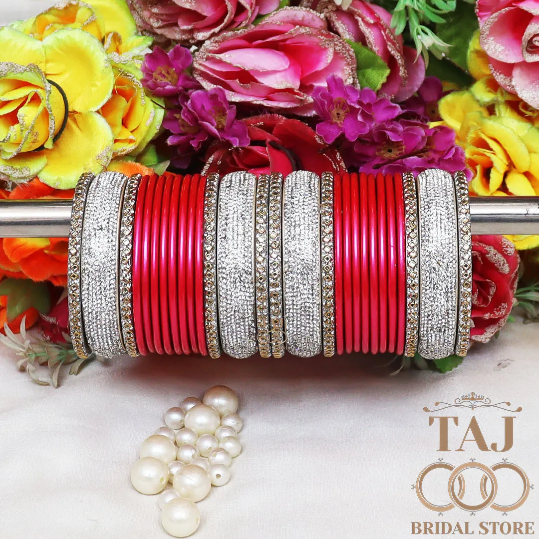Best Punjabi Lac Chura Set With Beautiful White Stone Design (Set of 28)
