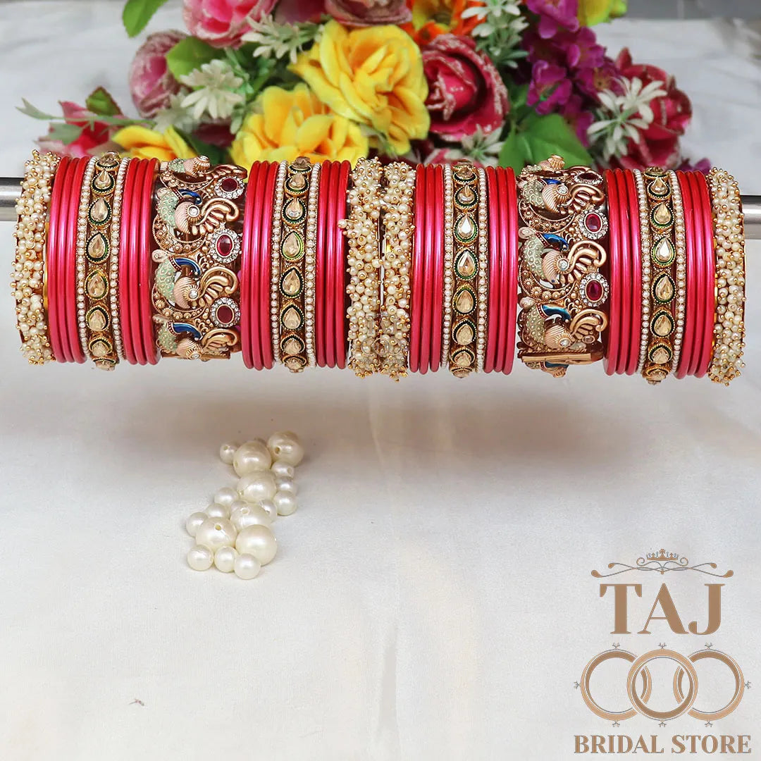 Rajasthani Traditional Bridal Chuda Set With Beautiful Peacock Design Brass Kada