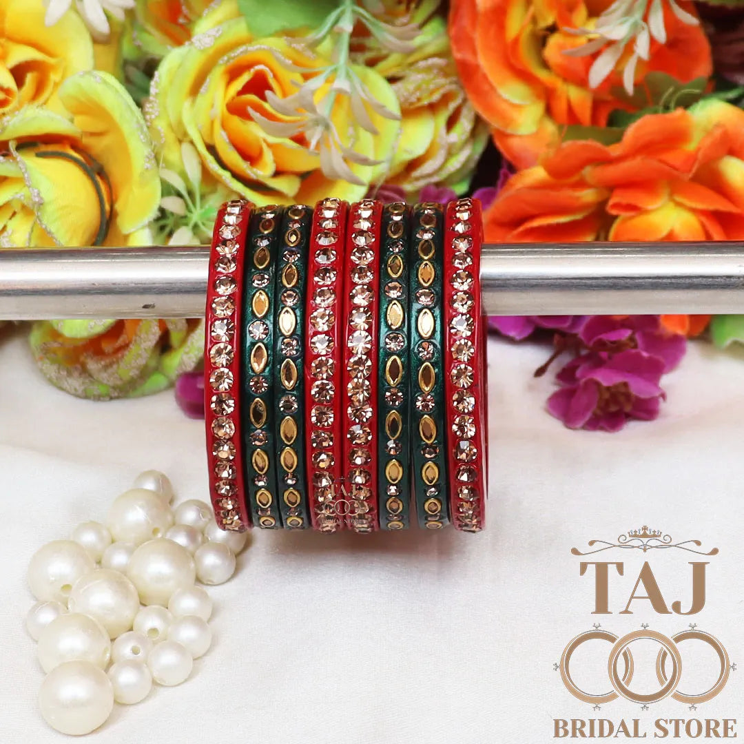 Marwadi Short Lac Chura With Beautiful White Stone And Kundan Design (Set of 8)