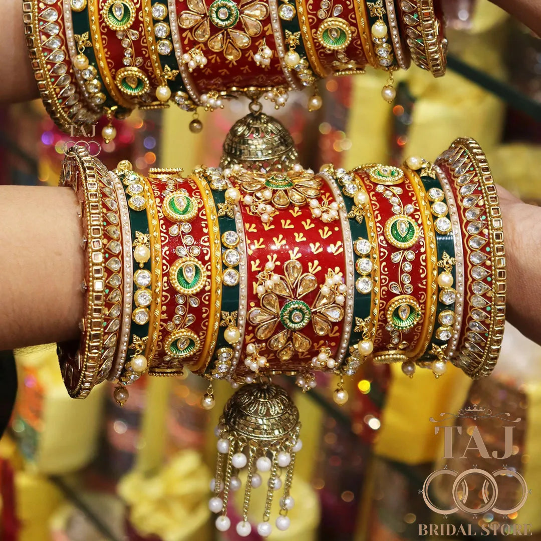 Rajwadi Wedding Bangles Set with Beautiful Chain Latkan Jhoomer Design