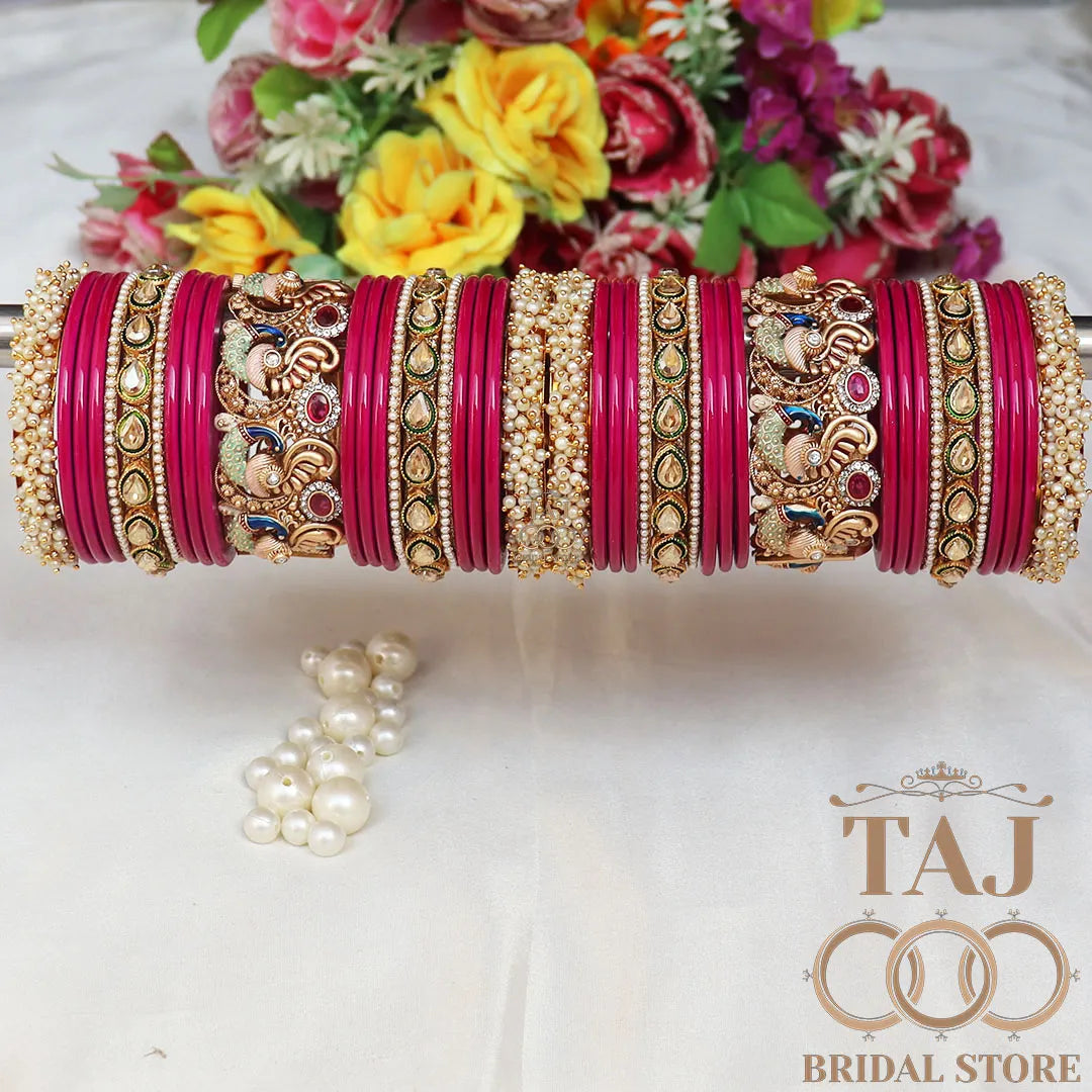 Rajasthani Traditional Bridal Chuda Set With Beautiful Peacock Design Brass Kada