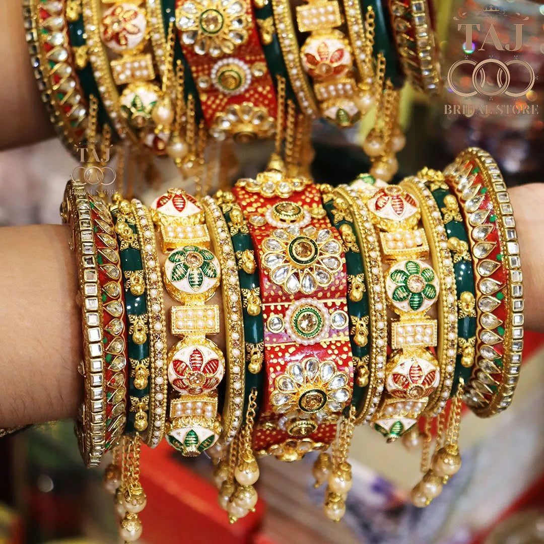 Rajwadi Wedding Bangle Set with Beautiful Moti Latkan Design Taj Bridal Store