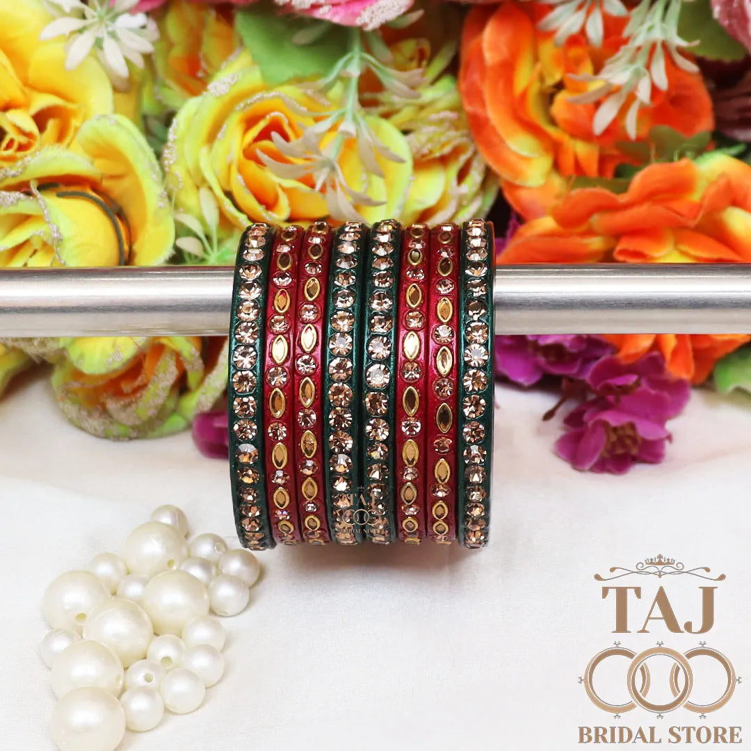 Marwadi Short Lac Chura With Beautiful White Stone And Kundan Design (Set of 8)