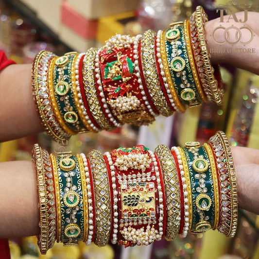 Rajwadi Bridal Bangle Set with Beautiful Doli and Peacock Design Kada