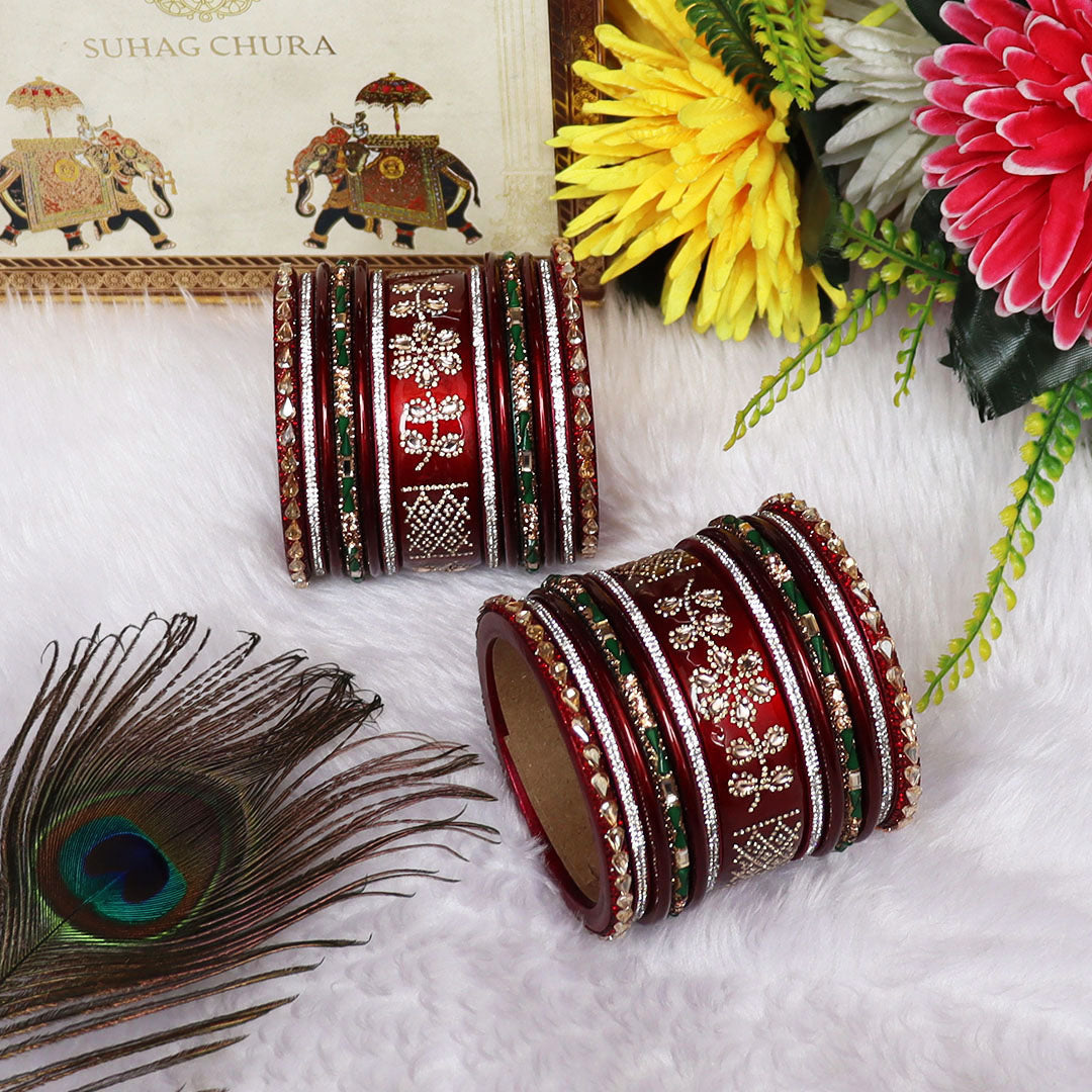 Traditional Lac Wedding Chura Set With Latest Rhinestones Flower Design