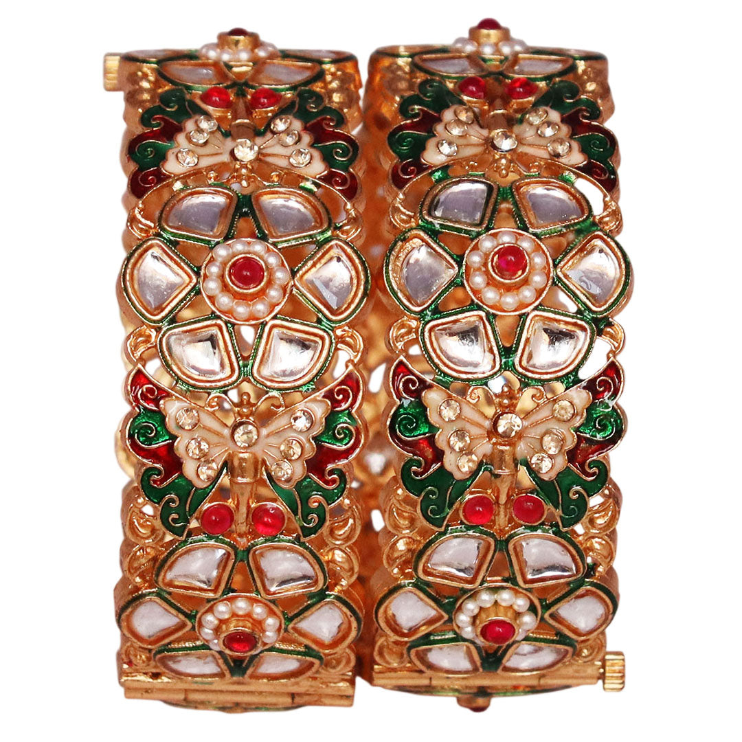 Gold Plated Metal Bracelet with Butterfly & Floral Kundan Design