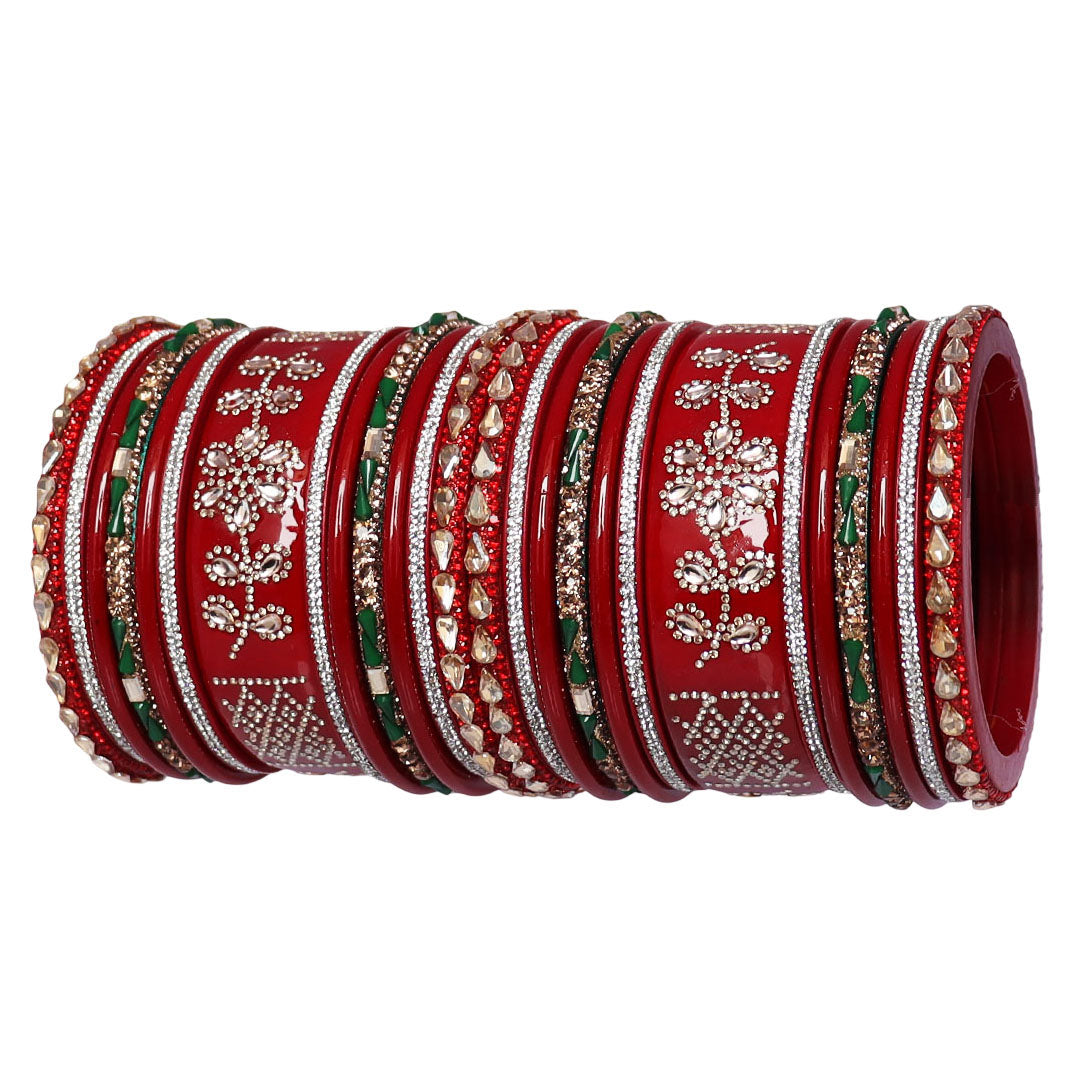 Traditional Lac Wedding Chura Set With Latest Rhinestones Flower Design