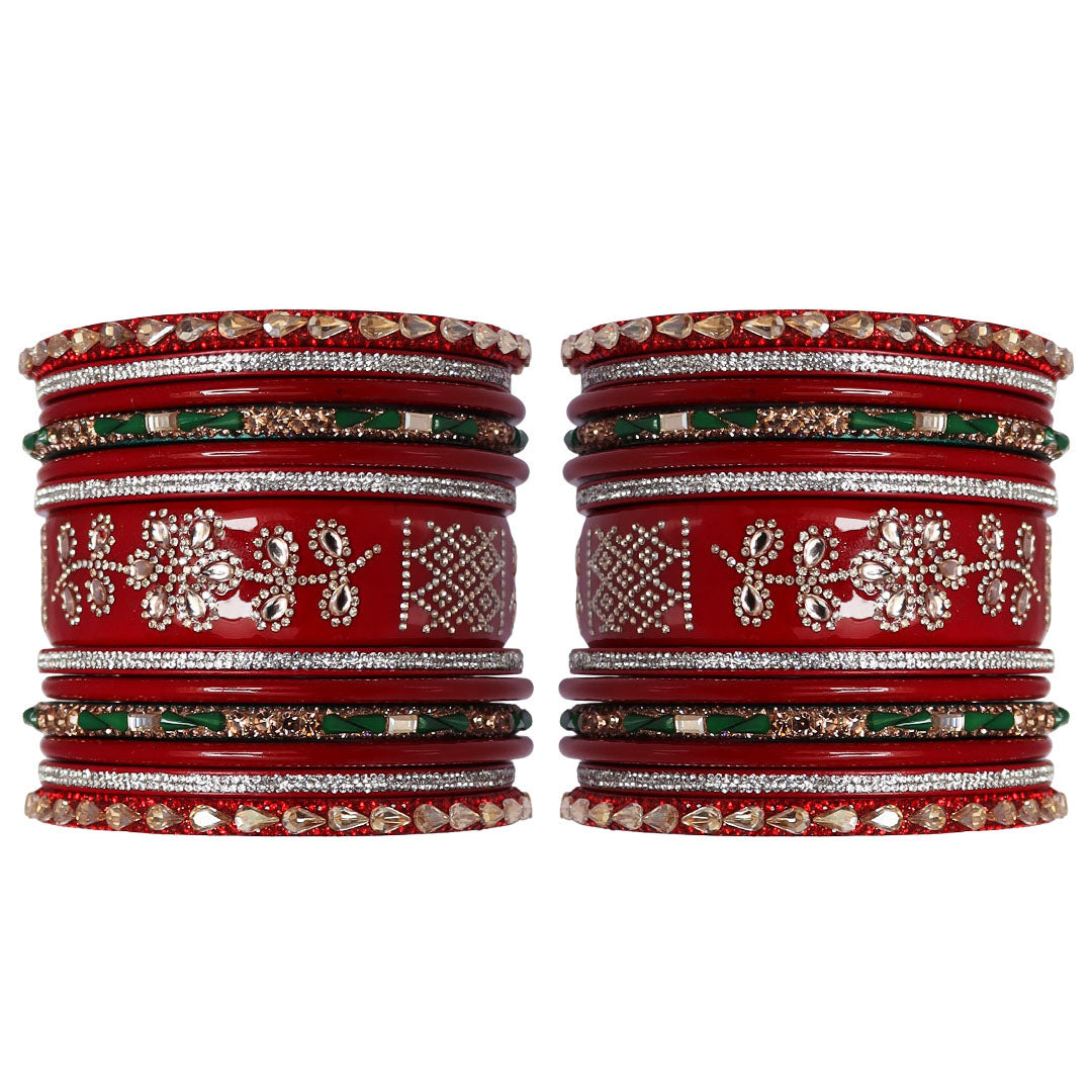 Traditional Lac Wedding Chura Set With Latest Rhinestones Flower Design