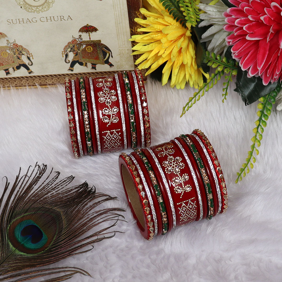 Traditional Lac Wedding Chura Set With Latest Rhinestones Flower Design