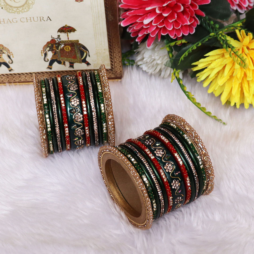 Pure Lac Bridal Bangles Set With Best Kundan-Rhinestones Flower Design