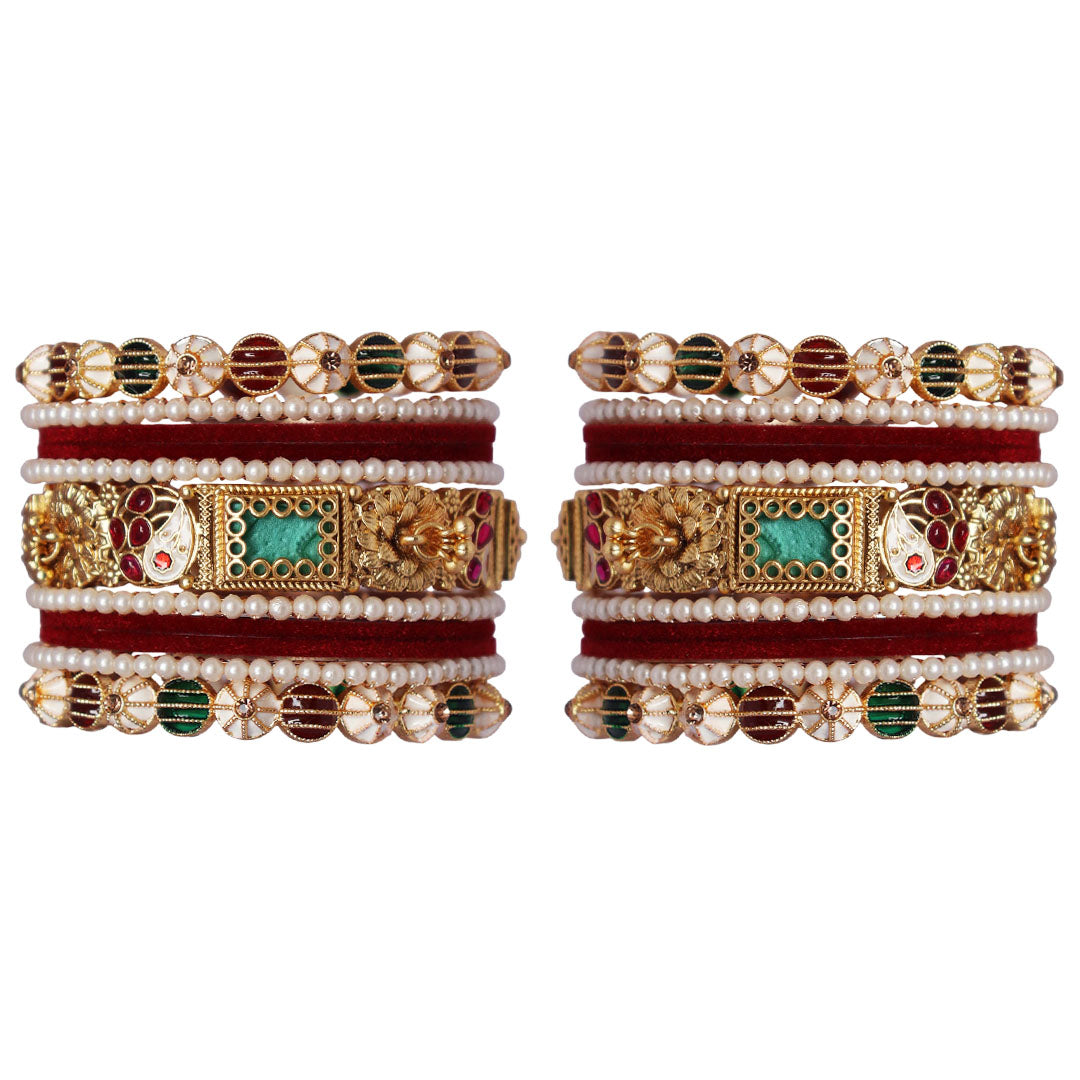 Elegant Rajwadi Bridal Bangles for Women with Handmade Meenakari Work Velvet Bangles and Pearl Bangles