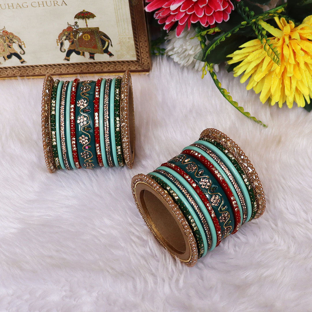 Pure Lac Bridal Bangles Set With Best Kundan-Rhinestones Flower Design