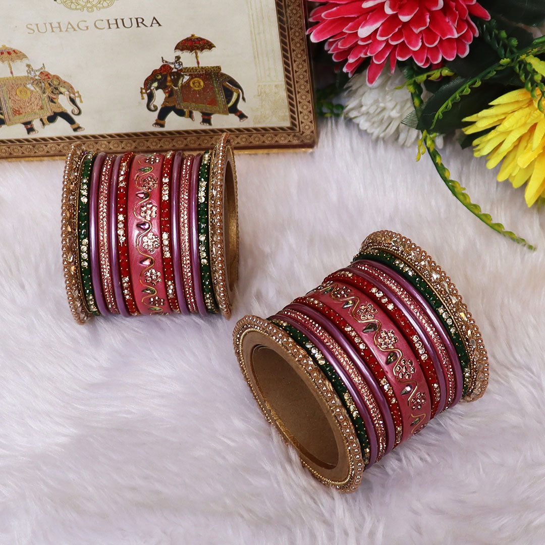 Pure Lac Bridal Bangles Set With Best Kundan-Rhinestones Flower Design