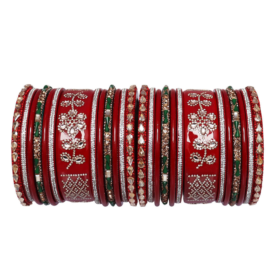 Traditional Lac Wedding Chura Set With Latest Rhinestones Flower Design