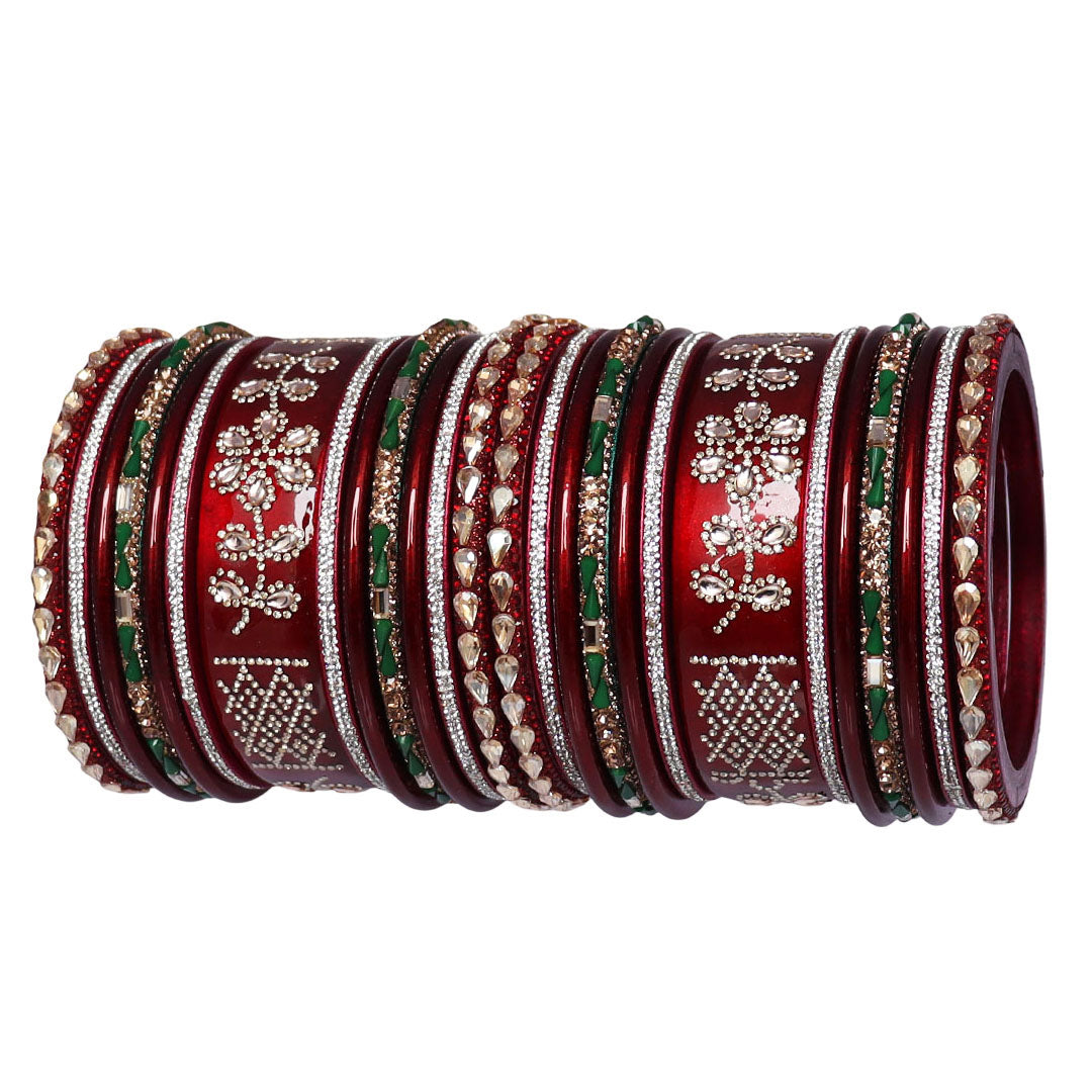 Traditional Lac Wedding Chura Set With Latest Rhinestones Flower Design