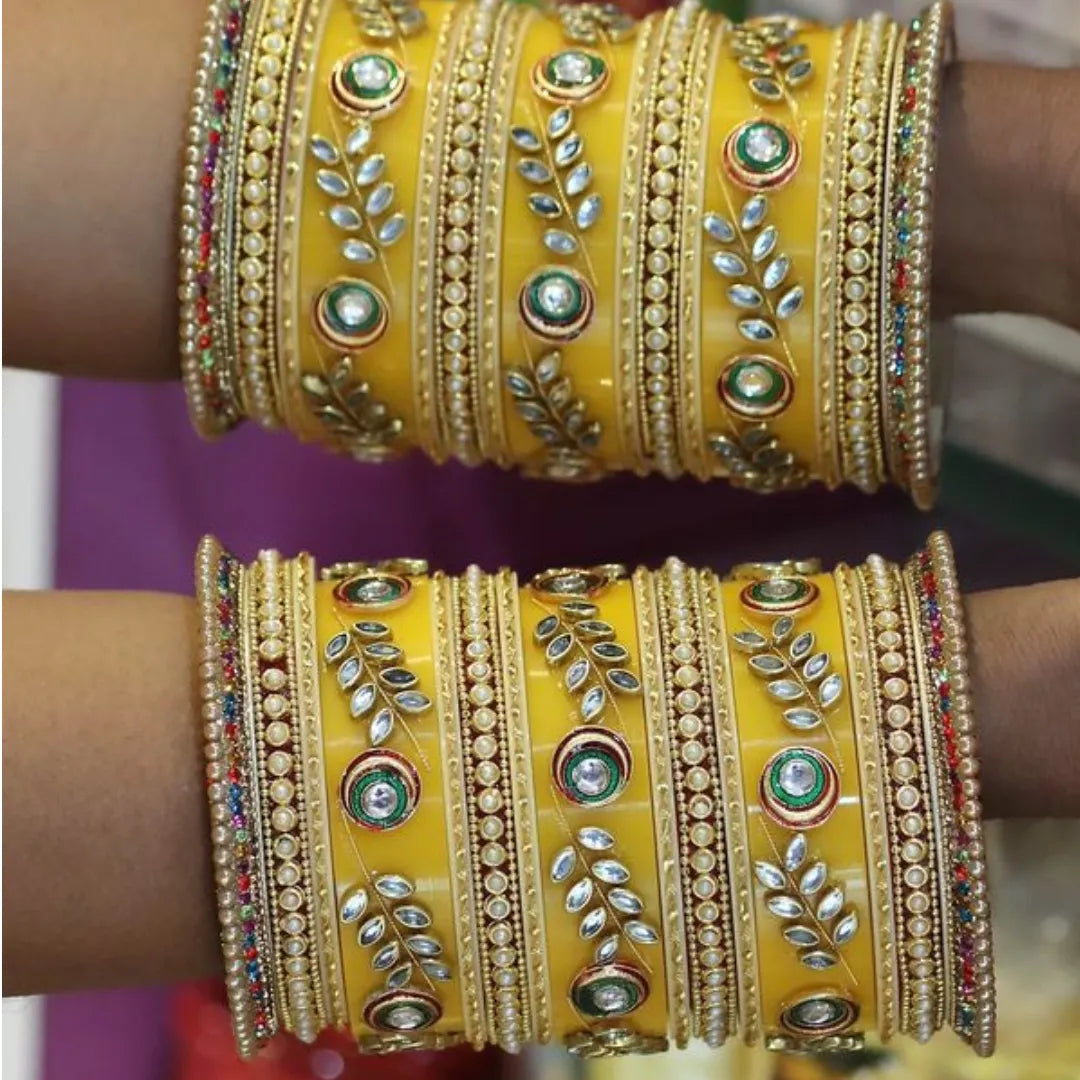 Rajwadi Bridal Chura with Beautiful Kundan Leaf Design Taj Bridal Store