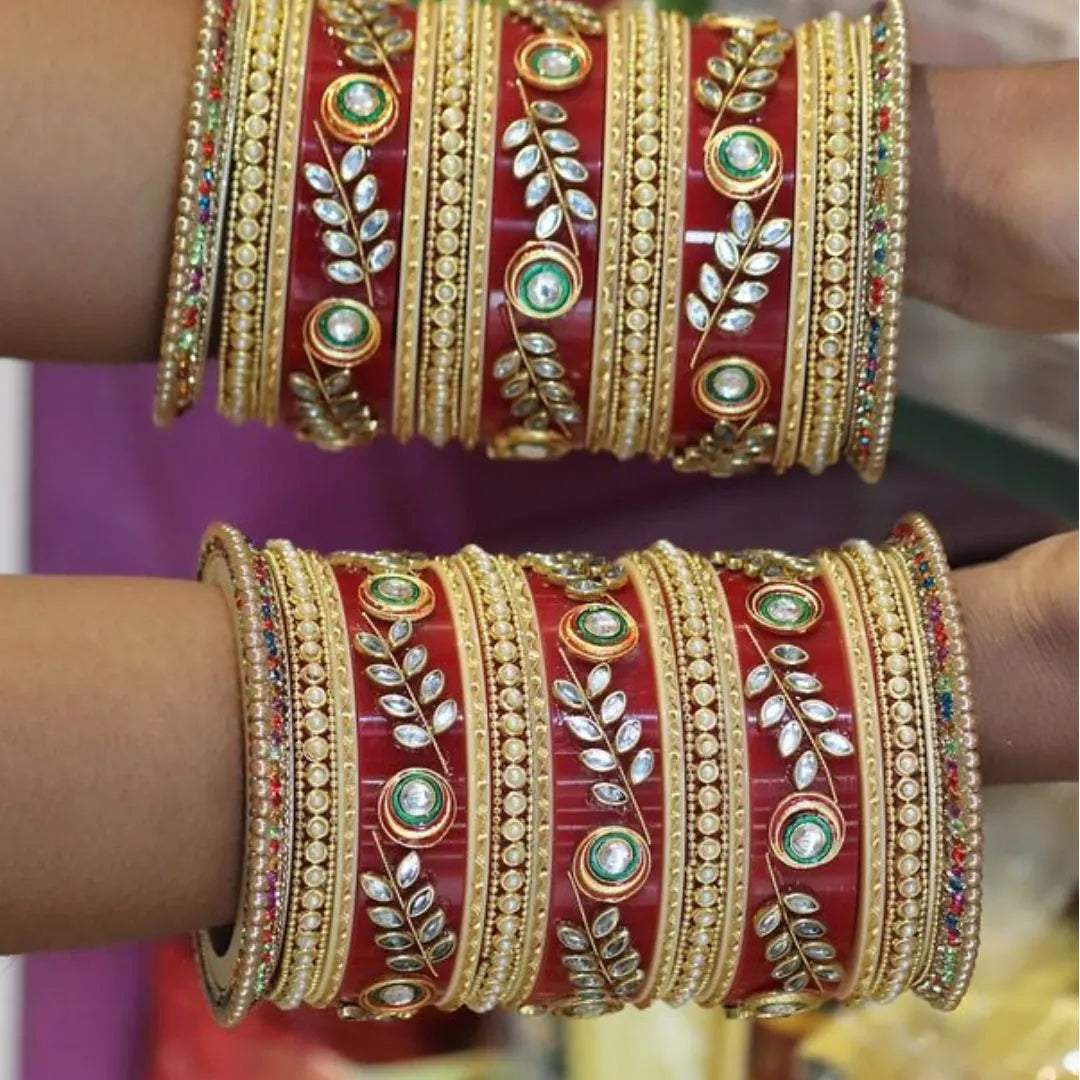 Rajwadi Bridal Chura with Beautiful Kundan Leaf Design Taj Bridal Store