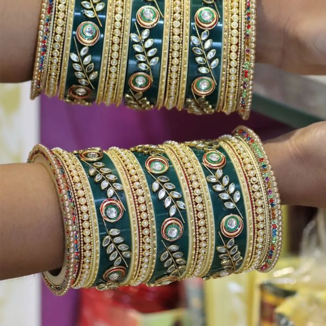 Rajwadi Bridal Chura with Beautiful Kundan Leaf Design Taj Bridal Store