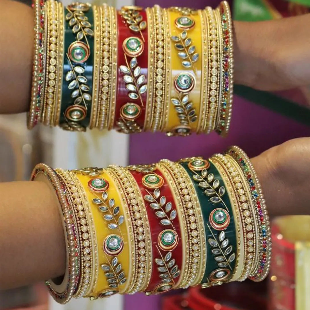 Rajwadi Bridal Chura with Beautiful Kundan Leaf Design Taj Bridal Store