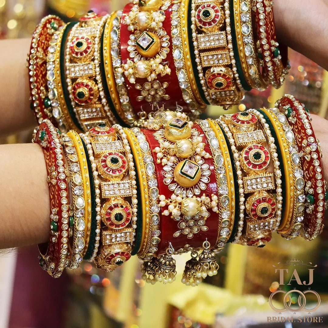 Rajwadi Bridal Bangle Set with Beautiful Jhoomer Latkan Taj Bridal Store