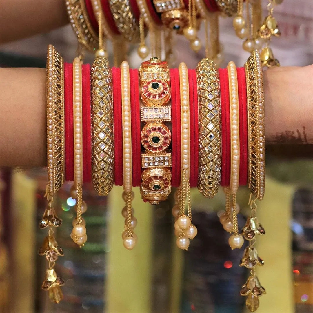 Rajwadi Wedding Bangle Set with Beautiful Moti Latkan Taj Bridal Store