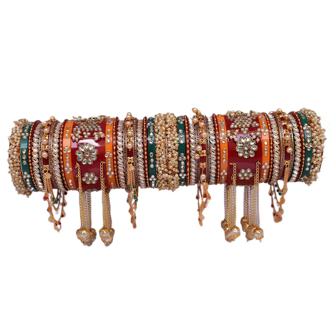 Bridal Bangles Set with Beautiful Gold Plated Chain Latkan