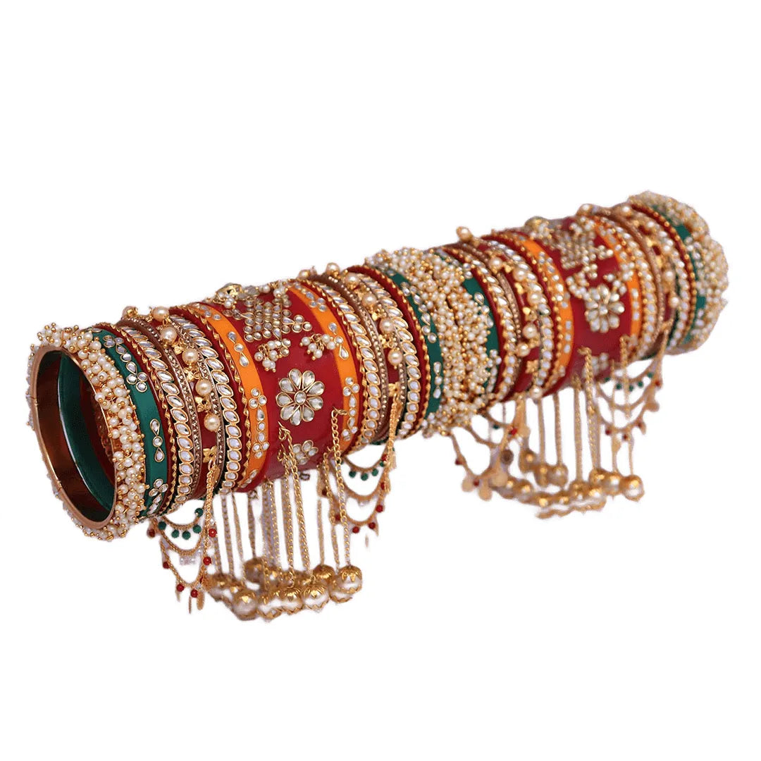 Bridal Bangles Set with Beautiful Gold Plated Chain Latkan