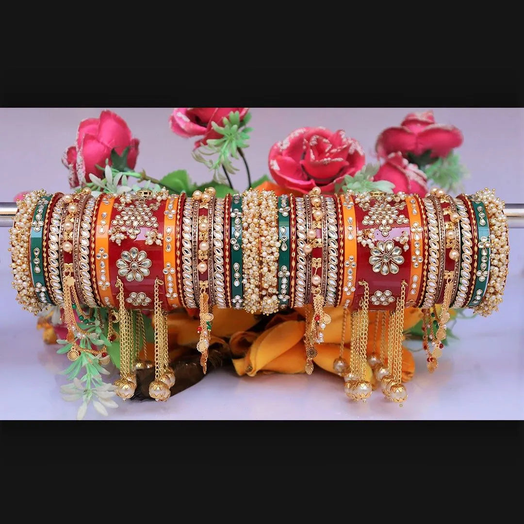 Bridal Bangles Set with Beautiful Gold Plated Chain Latkan