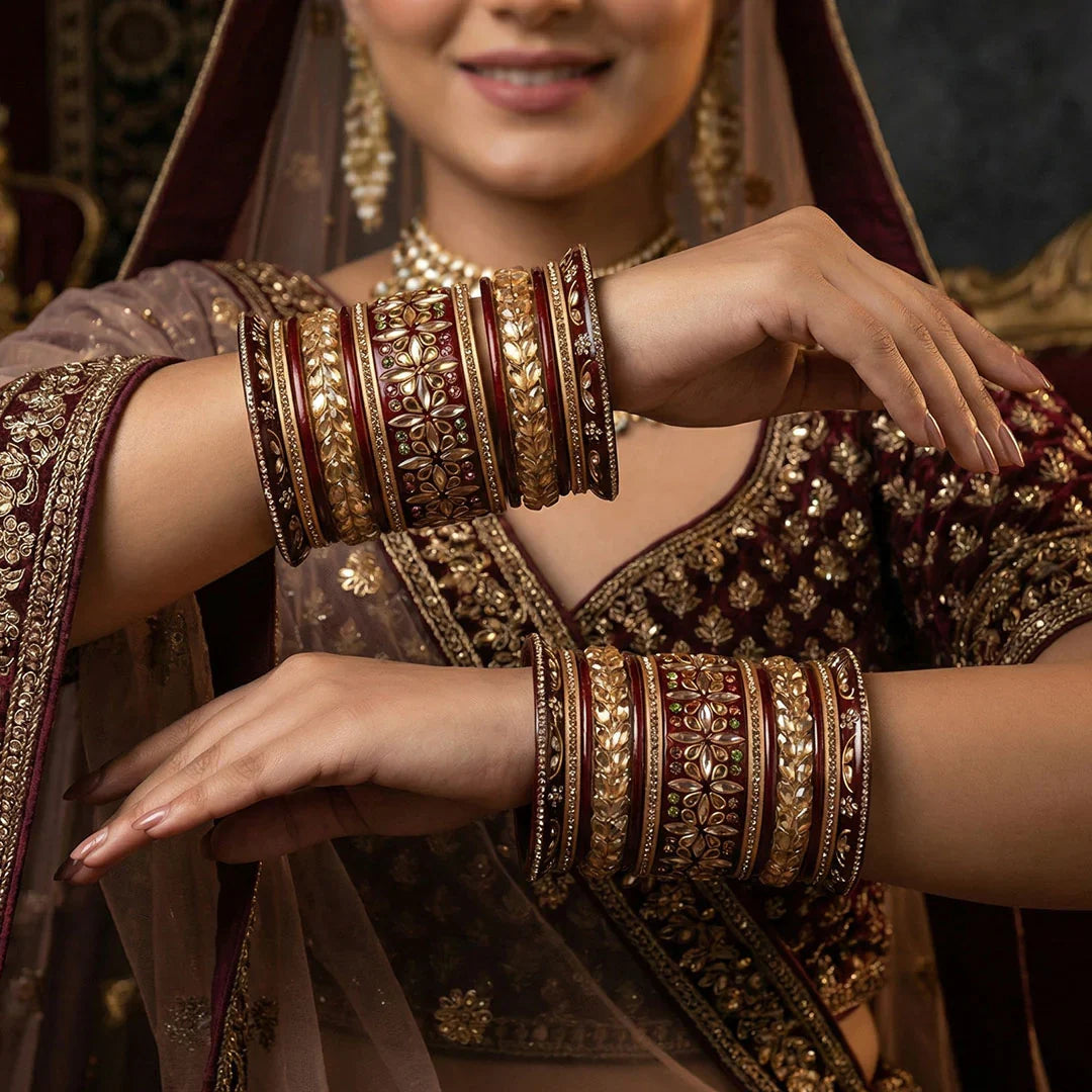 Bride wearing handmade Rajasthani Kundan lac bangles and Rajwadi bridal bangles during Indian wedding ceremony
