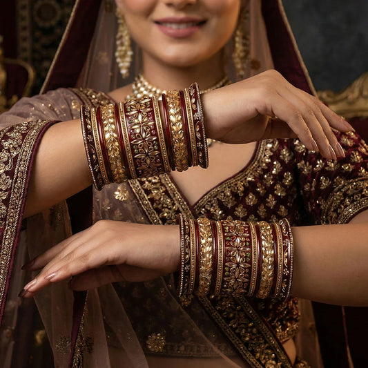Bride wearing handmade Rajasthani Kundan lac bangles and Rajwadi bridal bangles during Indian wedding ceremony