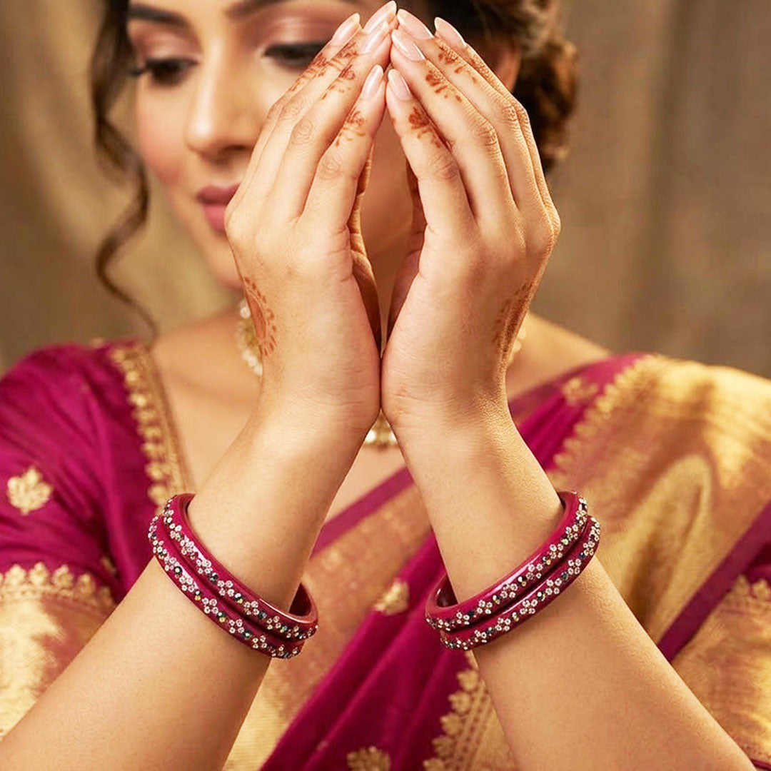 Rajasthani Handmade Lac Bangles with Multicolour Heart-Shaped Stones and Rhinestone Work by TAJ BRIDAL STORE