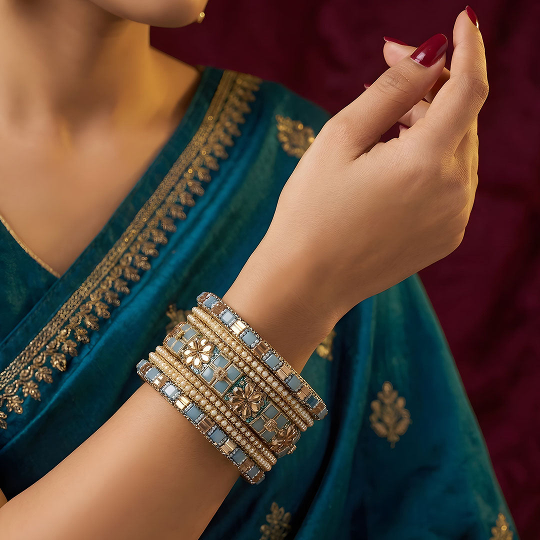 Designer Metal Short Bangles for Wedding with Kundan & Pearl Work