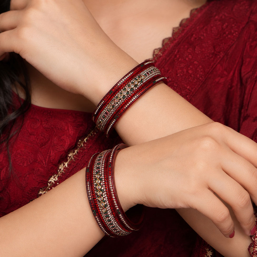 Handmade Jaipuri Lac Bangles for Women with Premium Beads and Rhinestone Design in Red, Green, Maroon and Festive Colors