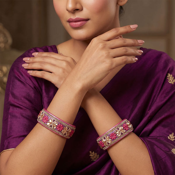 Designer Kundan Lac Bangles with Floral Rhinestones & Pearl Work by TAJ BRIDAL STORE