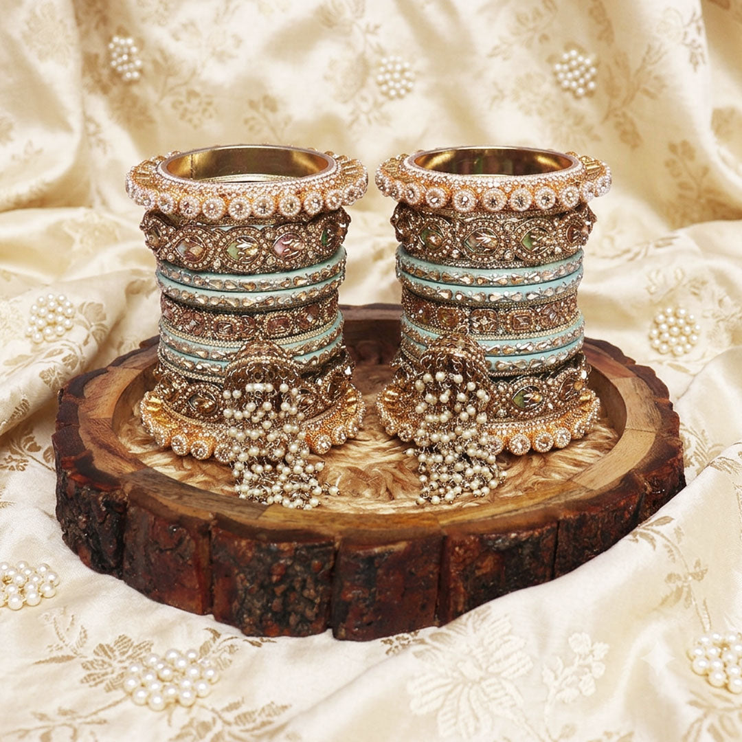 Royal Rajasthani Wedding Bangles Set for Women with Sky Blue Lac Bangles, Kundan Work, Pearl Jhoomer Latkan and Antique Gold Finish by TAJ BRIDAL STORE