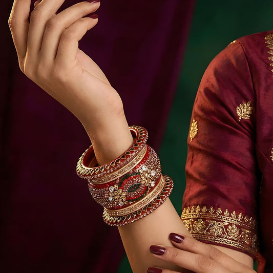 Luxurious Rajasthani Lac Bangles Set with Kundan & Rhinestone Design