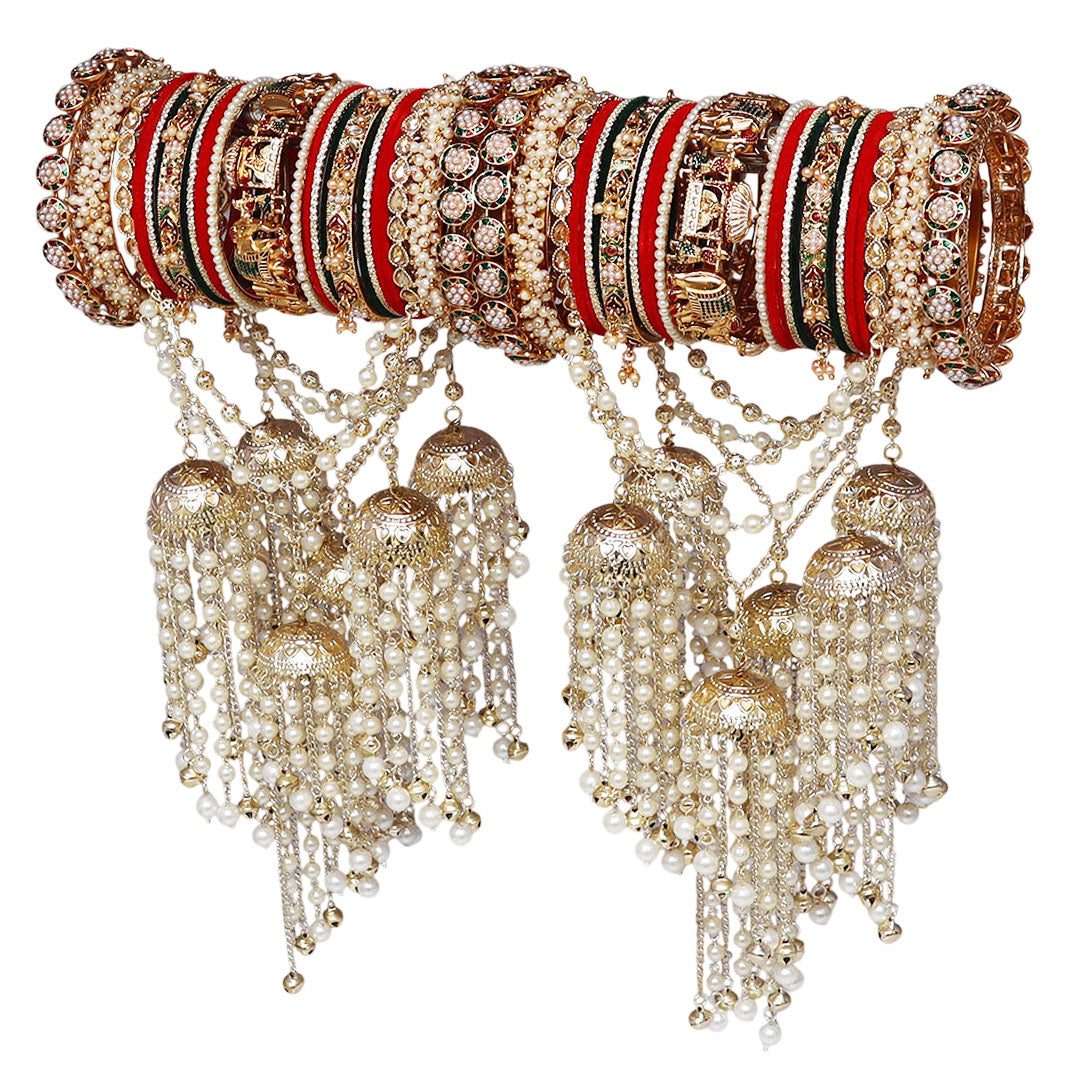 Traditional Rajwadi bridal bangle set with pearl and intricate stone detailing