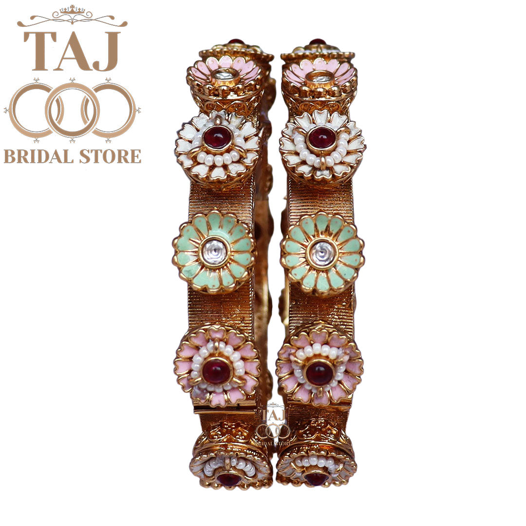 Rajwadi Metal Kada With Beautiful Kundan and Meenakari Work (Pack of 2)