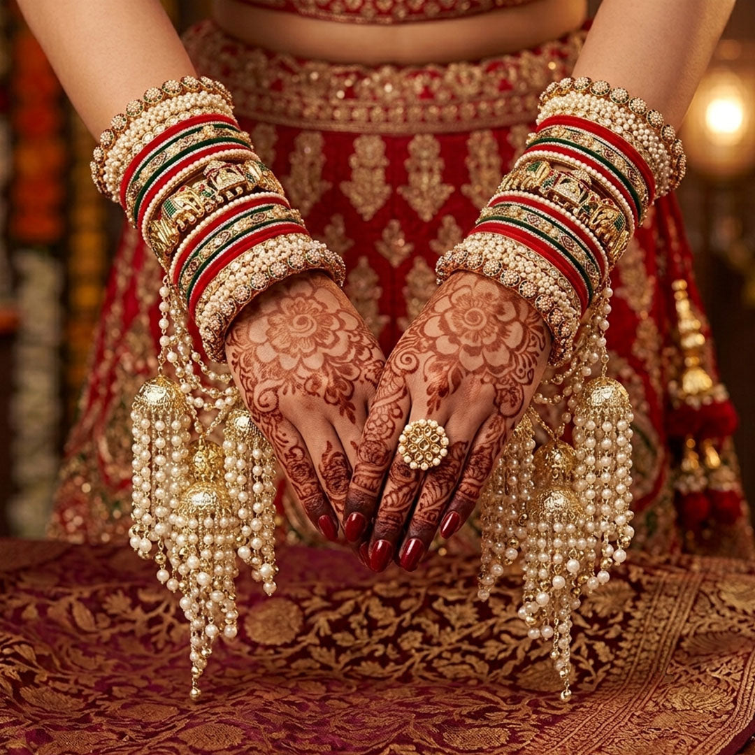 Rajasthani bridal bangles with Kundan, AD stones, pearls and Jhumka Latkan