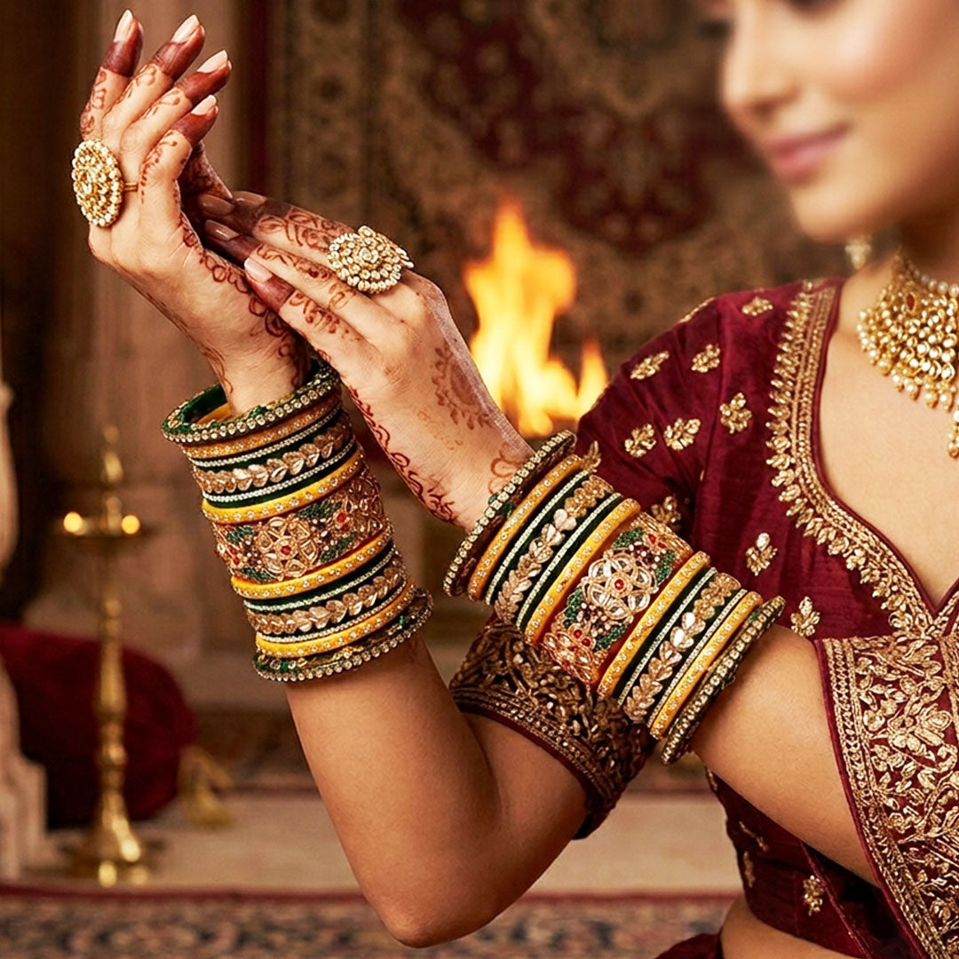Traditional Rajputi Bridal Bangles Set featuring handcrafted Kundan work, floral motifs and butterfly design.