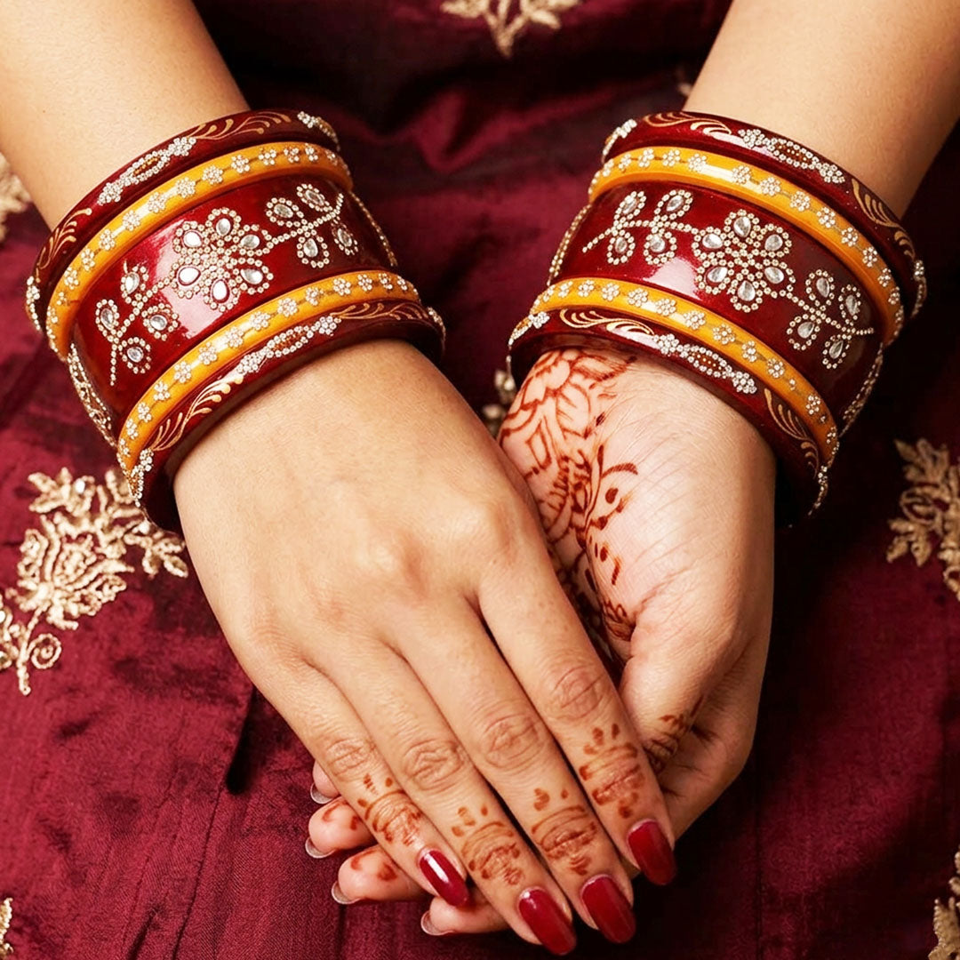 Traditional Jaipuri Lac Bangles Set for Women in Maroon & Red with Handmade Rhinestone and Golden Leaf Design, Bridal & Festive Set of 10