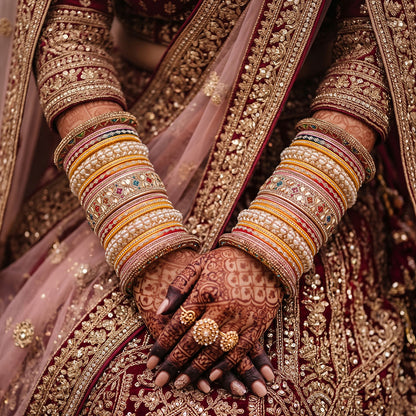 Designer lac and metal bridal bangles set for Indian brides.