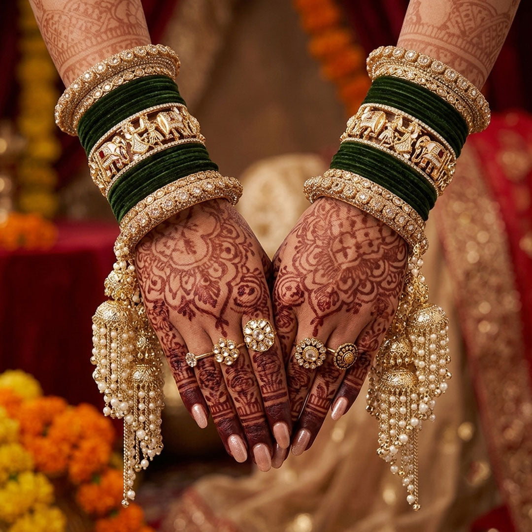 Rajwadi bridal bangles set with Kundan, rhinestone, pearl and Meenakari detailing