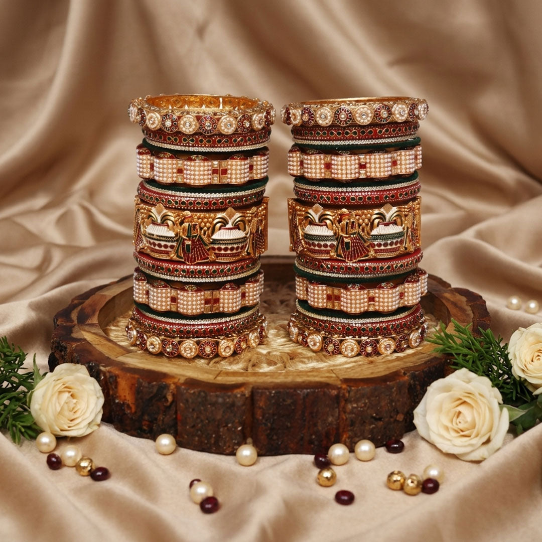 Rajwadi Dulha-Dulhan bridal bangles with Kundan, pearl and rhinestone detailing