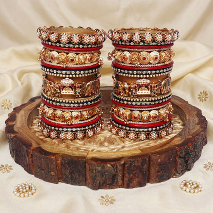 Handcrafted Rajwadi bridal bangles with Doli and elephant motif kadas